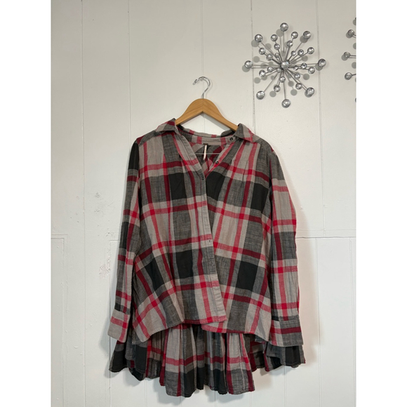 Free People Tops - Women's Free People Plaid Button-Down Top Size S Gray and Red